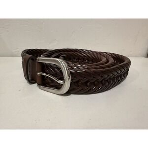Mens Thick Braided Leather Belt 44 Brown Heavy Duty Woven Casual Silver Buckle